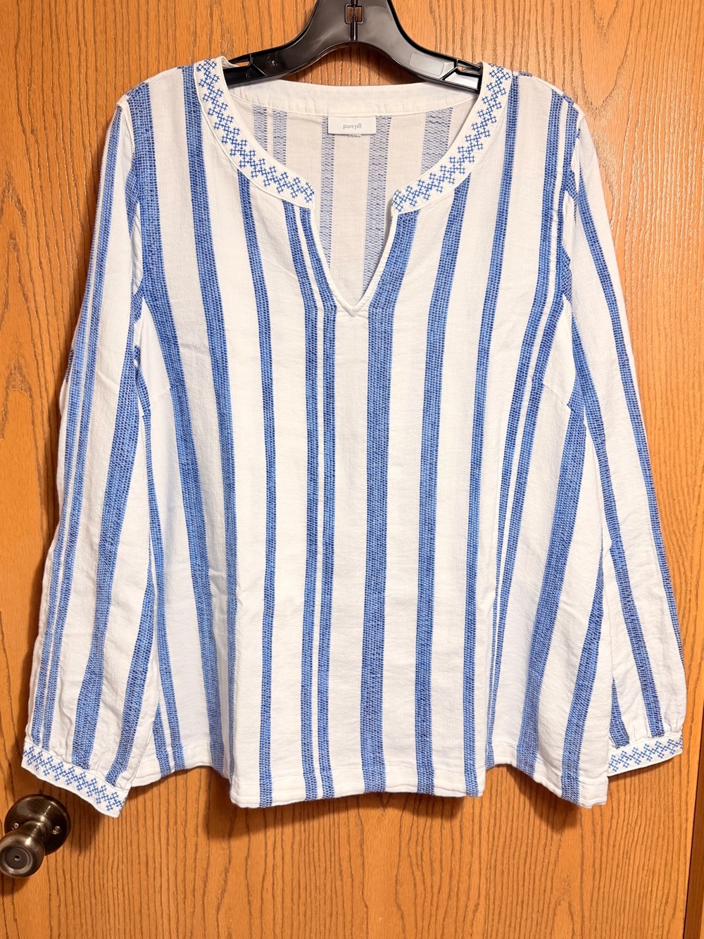 EUC Pure Jill Tunic with Blue & White Stripes and Embroidery and a V-Neck